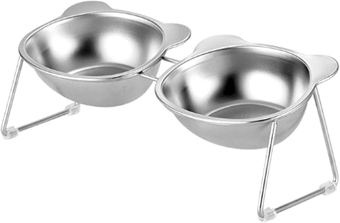 Elevated Cat Bowl, Detachable Stainless Steel Raised Pet Feeder with 15 Degree Tilt Angle Nonslip Feet for Cats Small Dogs (9334 Cartoon Double Bowl)