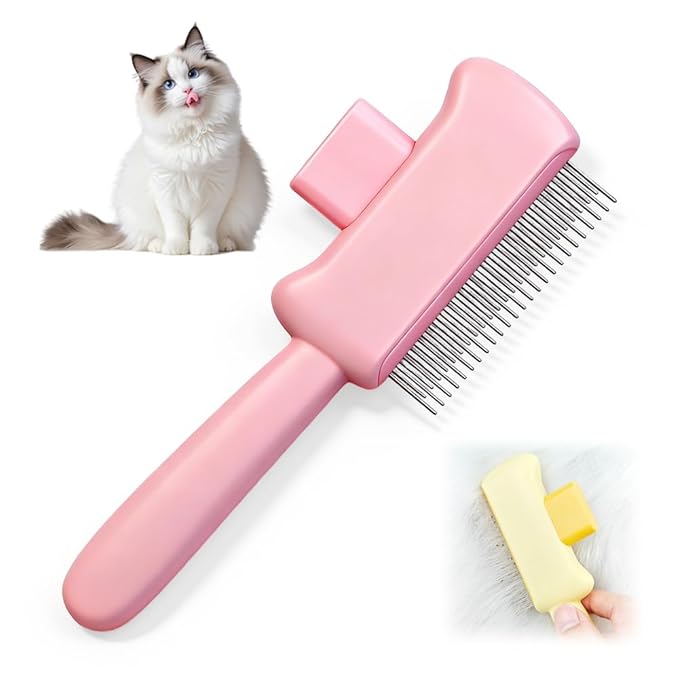Cat Self Cleaning Pet Hair Removal Comb, Cat Grooming Brush With Long Short Stainless Steel Metal Teeth, Pet Grooming Brush For Home, Portable Cat And Dog Grooming Comb For Travel (Pink)