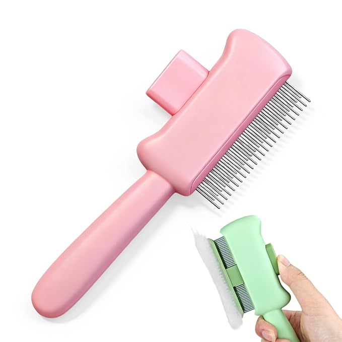 Cat Self Cleaning Pet Hair Removal Comb, Cat Grooming Brush With Long Short Stainless Steel Metal Teeth, Pet Grooming Brush For Home, Portable Cat And Dog Grooming Comb For Travel (Pink)