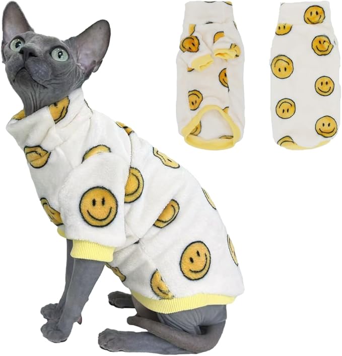 Thick Fleece Sphynx Cat Clothes, 2-Leg Winter Outfit with Smiley Face Print, Warm Flannel Shirt for Hairless Cats, Cat Cozy Cold Weather Clothing (Large(5-7lbs))