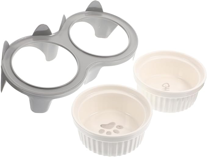 Ceramic Elevated Cat Bowl with Thick Gray Non-Slip Stand Angled Dual Feeding and Watering Bowls for Indoor Pets Smooth Surface Pet Feeding Accessory