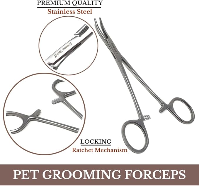HTI DOG CAT PET HAIR PULLER REMOVER STAINLESS STEEL HEMOSTAT LOCKING FORCEPS 5" CURVED FULL SERRATED (Silver)