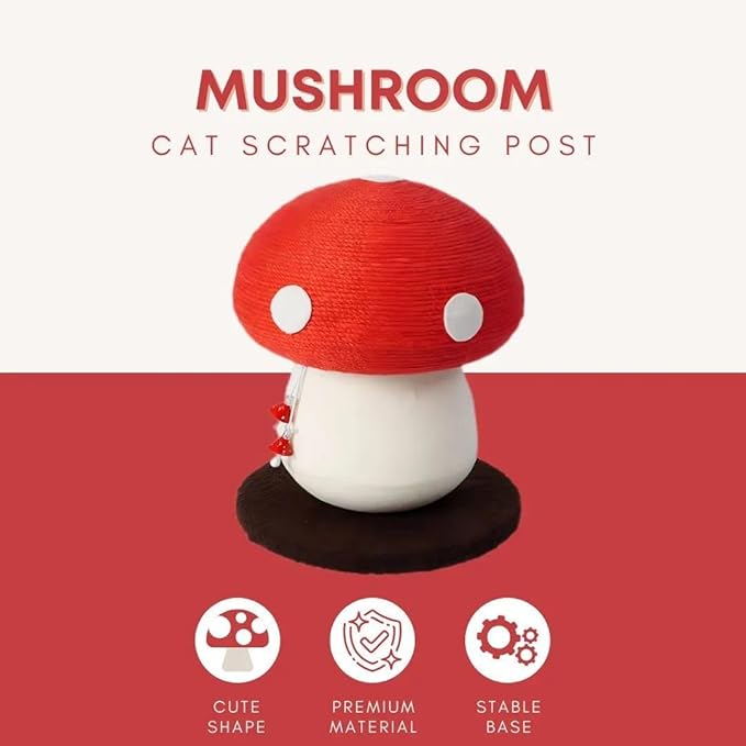 No Assembly Required Mushroom Cat Scratcher, Cute Cat Scratching Post with Natural Sisal Rope, Stable Base & Hanging Toy, Small Space Kitten Tree for Indoor Cats, Claw Care Scratch Pole