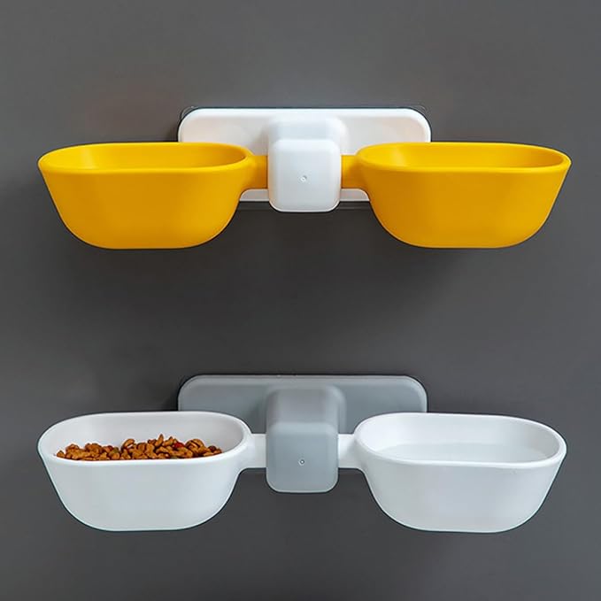 Balacoo Wall-Mounted Pet Feeder Double Bowl with Neck Protection, Plastic Cat and Dog Food Container, White with Adhesive, Suitable for Feeding and Watering Pets