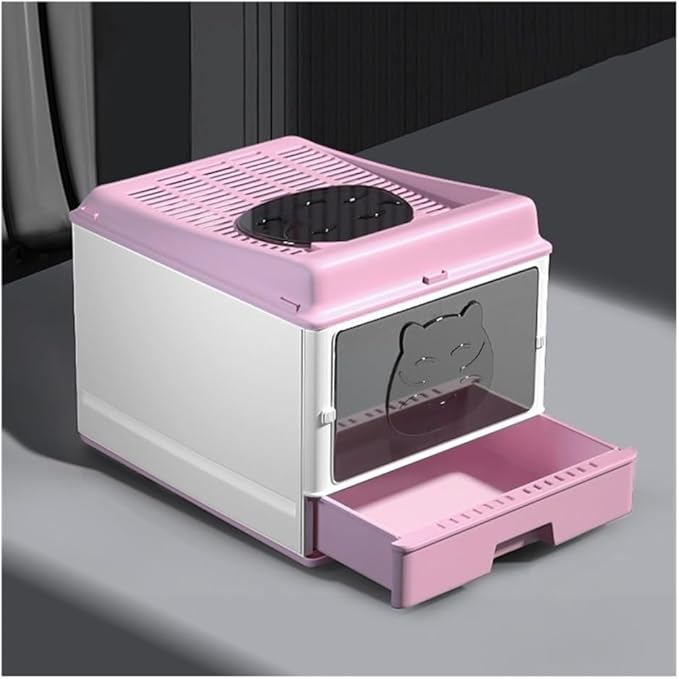 Pet Supplies, Semi-Enclosed Plastic Cat Litter Box with Scoop (Pink)