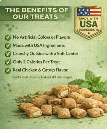 Catnip Cat Treats Crunchy Soft Filled Center Bites - Training Treats for Indoor Cats Kittens - Low Calorie Cat Snacks No Artificial Flavors Made in USA - 9 oz (Packaging May Vary)