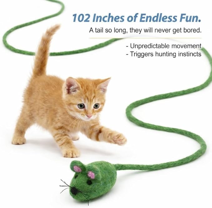 Glaciart One Felt Mouse Cat Toy – Soft Fuzzy Enrichment 100% Natural Wool - Interactive Catnip Play Cat Toy Set - Safe for Pets, Non-AZO Colored Dyes - 100” Long