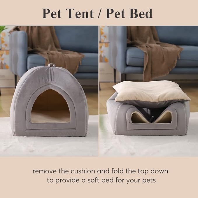 KASENTEX Cat Bed for Indoor Cats, 2-in-1 Cat House Pet Bed and Pet Supplies for Kitten and Small Cat or Dog - Animal Cave, Cat Tent with Removable Machine Washable Pillow Cushion (Grey 15x15x15)