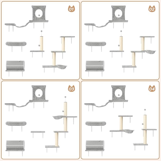 NUNU LAB 7-in-1 Cat Wall Shelves, Wall Mounted Cat Climber Set, Cat Furniture with House, Tunnel, Bridge, Steps, Scratcher, Hammock, Shelves for Indoor, Gray