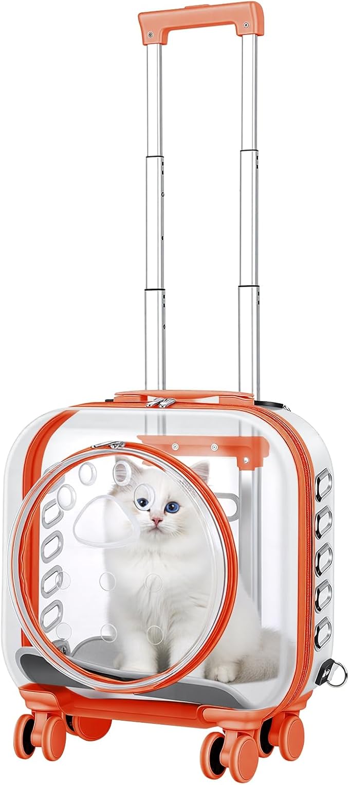 Portable Pet Carrier Trolley Box - Ventilated PC Travel Carrier with Silent Shock-Absorbing Wheels, Telescopic Handle for Cats, Small Dogs, Puppies - Outdoor Hiking, Camping, Car & Airline A