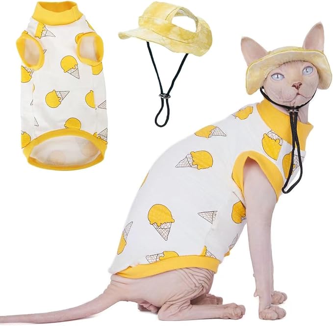 Sphynx Cat Shirt &Sun Hat Set, Breathable Stretchy Cat Clothes Suit, Soft Hairless Cats Shirt, Sleeveless Suit for Cats (Purple Leopard Pattern, Small) (Yellow Ice Cream, XL(6.5-8.5lbs))