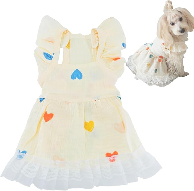 1 PC Adorable Heart Pattern Ruffle Trim Dog Cat Dress Princess Style Lace Trim Summer Outfit for Small to Medium Pets Yellow Pet Apparel for Kittens and Puppies S