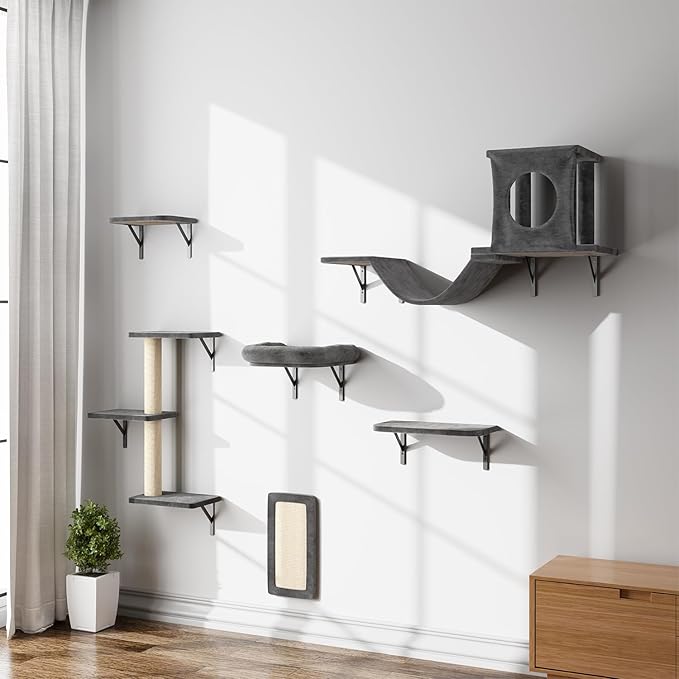NUNU LAB Cat Wall Shelves, 6 Pcs Luxury Wall-Mounted Cat Climber Set, Indoor Cat Furniture with 1 Condos House, 2 Cat Wall Shelves, 1 Scratching, 1 Bridge Ladder, 1 Scratching Pad,Dark Gray
