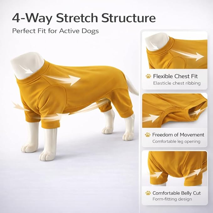 Lovelonglong Dog Full Bodysuit – Stretchy Yoga Fabric 4-Leg Dog Pajamas, Breathable & Lightweight Dog Onesie for Indoor & Outdoor, Shedding Control & Travel Wear