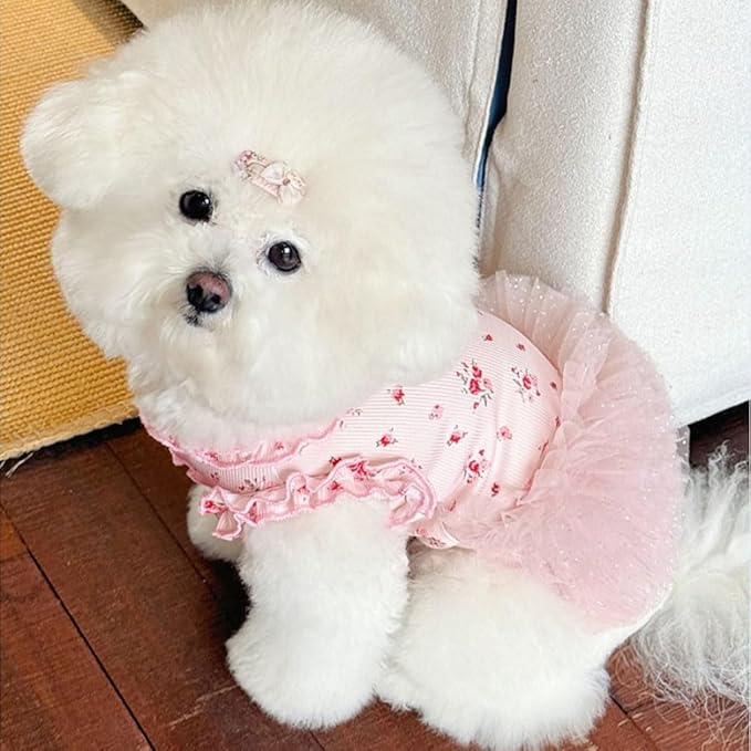 Summer Pet Dress for Small Dogs Cats, Ice Silk Cotton Floral Print Tutu Skirt with Built-in D-Ring, Breathable Sleeveless Puppy Kitten Outfit for Daily Walk and Photo (Pink-Tutu, X-Large)