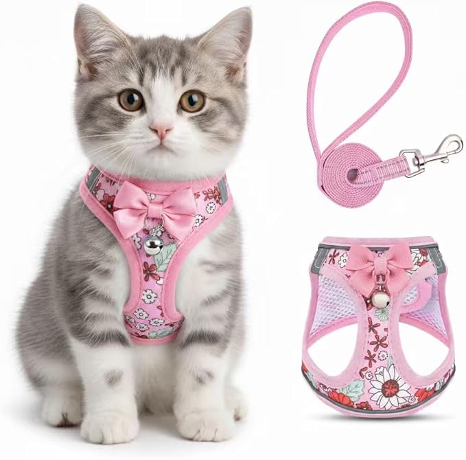 Cat Harness and Leash Escape Proof for Walking, Adjustable Soft Kitten Harness with Reflective Straps Step in Cat Vest Harness for Small Kitten and XS Dogs (Pink, S-Chest(11.8"-13.7"))