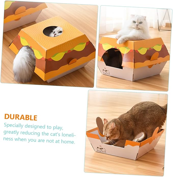 BESTonZON Cat House Hamburger Bed Scratching Board Creative Corrugated Cardboard Toy for Indoor Cats and Stable Design to Prevent Furniture Damage