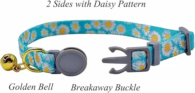 2 Pack Cat Collar, Daisy Floral Pattern, Breakaway Safe Release Buckle, Clear Bell, Polyester Material, for Adult Cats.(Pink+Green)