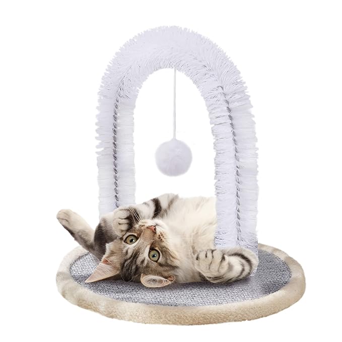 Cat Arch Self Groomer with Cat Toy Ball Cat Arch Scratcher Cat Hair Brush Cat Brush Arch Grooming Supplies Kitten Hair Massaging Brush with Dangling Ball