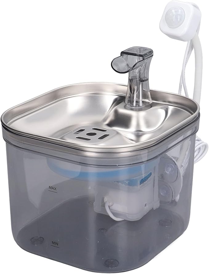 Pet Water Fountain, Stainless Steel Automatic Cat Water Fountain with Ultra Quiet Pump Filter Visible Level for Cats Dogs Multiple Pets
