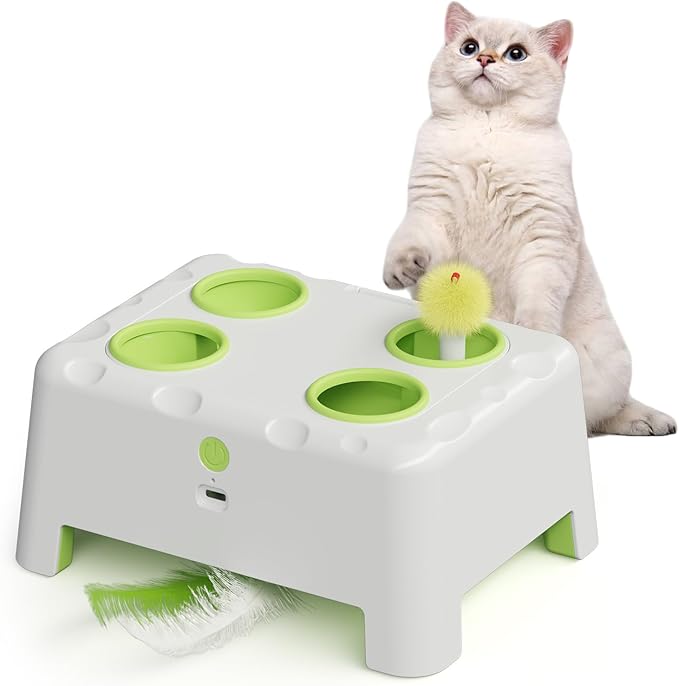 Magic House Interactive Cat Toy with 3 Modes, Rechargeable Whack-a-Mole Feather Toy for Indoor Cats, 4 Holes & 4 Accessories