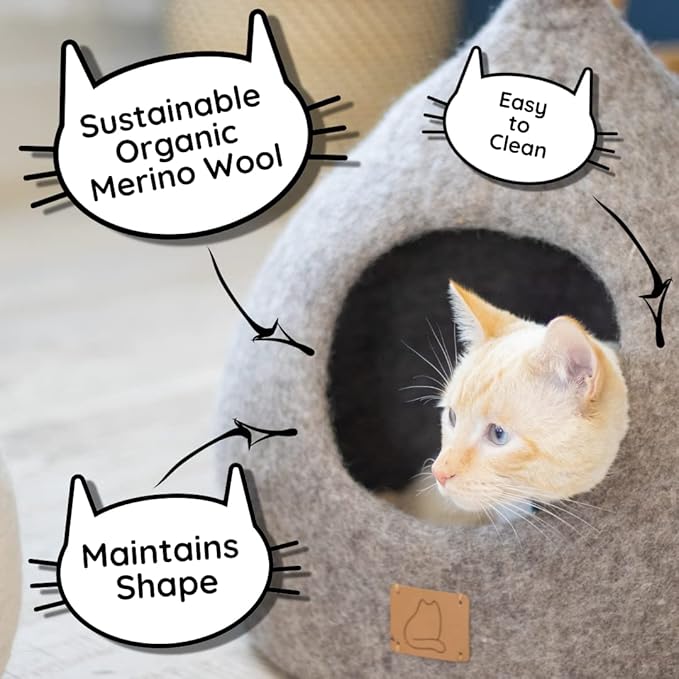 Best Aesthetic Cat Bed - Premium Felted Wool Cat Cave Bed - Cozy Peekaboo Round Cave for Large or Small Cats (Large, Sunny Yellow)