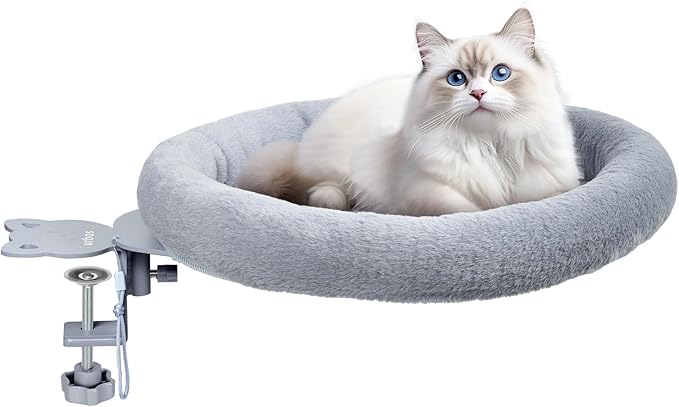 Cat Desk Bed,Steel Cat Bed for Desk,Easy to Assemble,Machine Washable and Detachable Easy to Clean,180° Rotating Cats Hammock Desks for Office Game Tables,Supports to 40lbs(Gray)