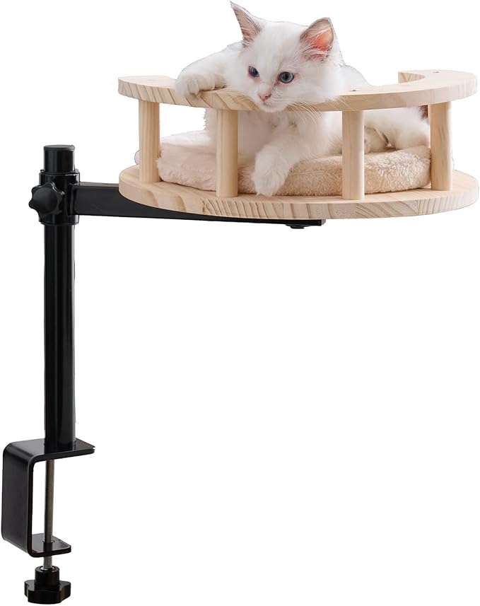 BYBYME Cat Desk Bed for Indoor Cats with Adjustable Height & 360° Rotation, Wooden Desk Kitty Nest for or Office Desks Home Tables, Wooden Desktop Kitten Furniture, 14" in Diameter (Light Oak)