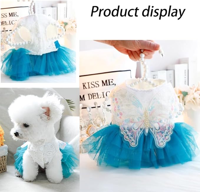 ANIAC Butterfly Dog Dress with Blue Tutu Funny Pet Clothes with Wing Girl Puppy Dress for Small Dog Pet Butterfly Costume Holiday Cat Outfit for Halloween Birthday Wedding (Lake Blue, X-Small)