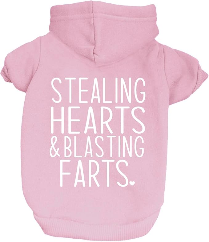 Stealing Hearts Blasting Farts Dog Hoodie | Fleece Lined |Leash Hole| Valentine's Day | Cute & Funny|Baby Pink, 5X-Large 983