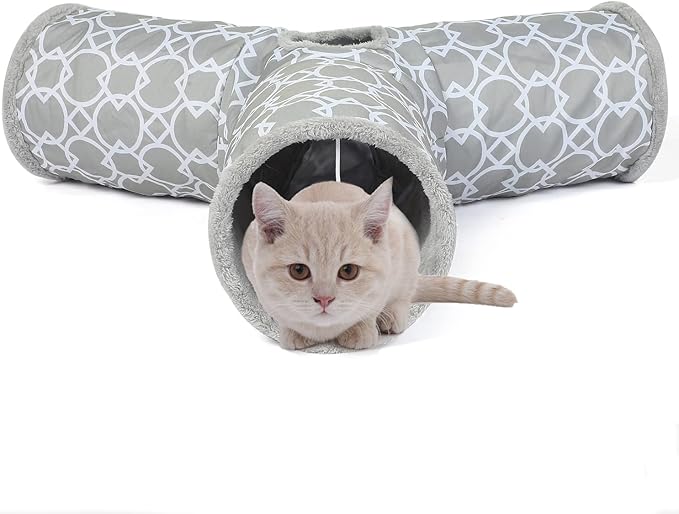 Geometric 3 Way Cat Tunnel with Plush Inside,Cats Toys Collapsible Tunnel Tube with Balls, for Rabbits, Kittens, Ferrets,Puppy and Dogs