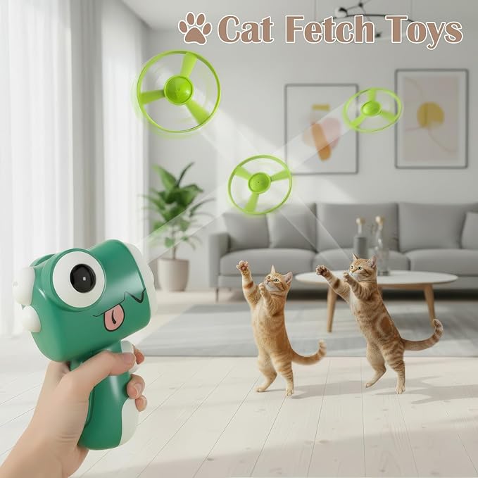 Interactive Cat Toy Fetch Launcher | Includes 8 Soft Discs for Indoor Cats | One-Press Easy Launch Cat Hunting Toy to Relieve Boredom | Ideal for Kittens and Adult Cats, Green