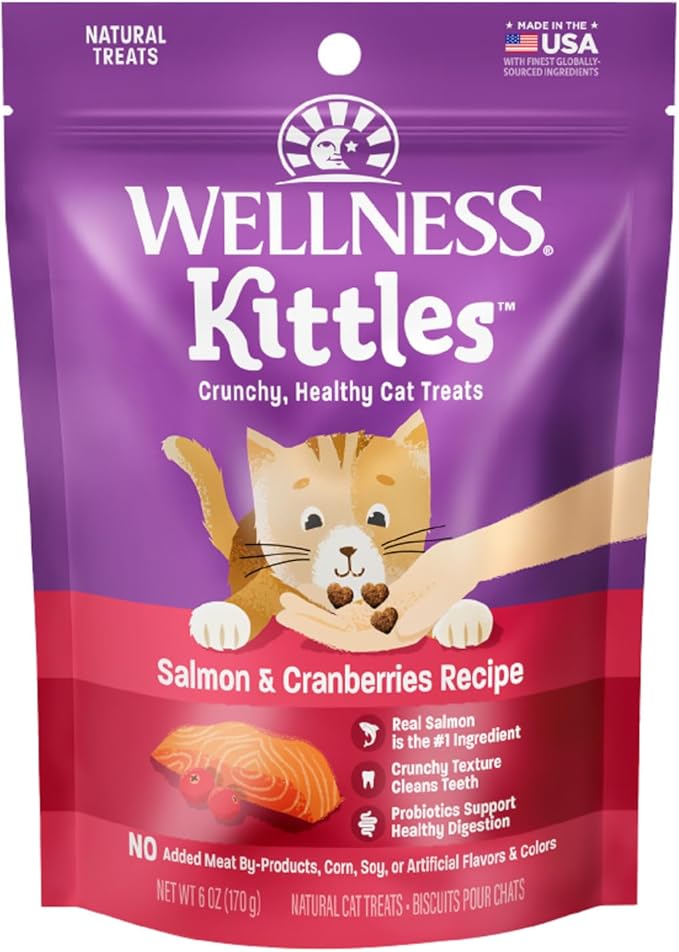 Wellness Kittles Crunchy Cat Treats, All Lifestages, Kitten to Senior, Natural, Grain Free, Salmon and Cranberry Flavor, 6 oz Bag