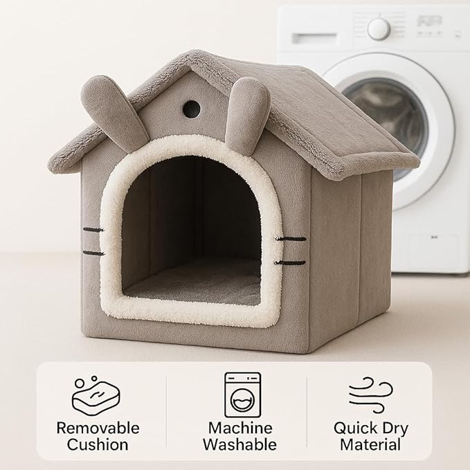 Cat House Bed for Indoor Cats, Covered Plush Cat Cave with Washable Cushion Pillow, Warm Kitten Tent Bed for Small Pets