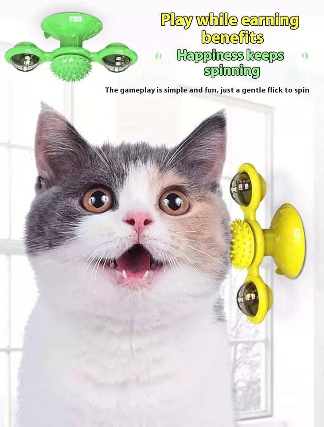 Interactive Windmill Cat Toy with LED Light Ball & Suction Cup – Rotating Catnip Toy for Indoor Cats, Mental Stimulation & Exercise-Yellow