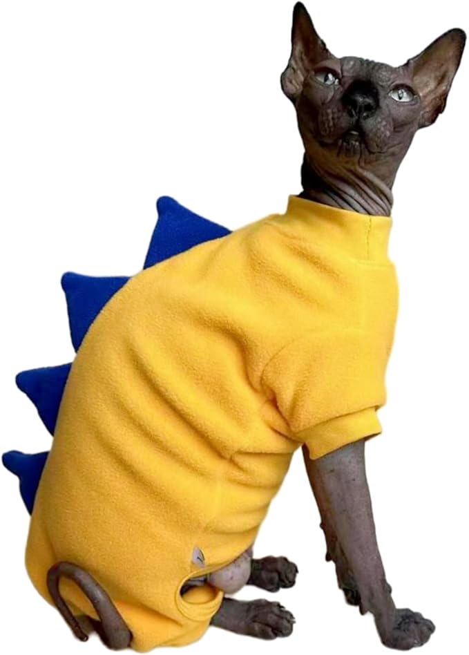 Four Leg Dinosaur Sphynx Cat Clothes Pjamas Hairless Cat Warm Polar Fleece Jumpsuit Elastic Pet Clothes for Sphynx Cat Surgery Recovery Suit Hairless Cat Shirt for Devon, Cornish (Yellow, Small)