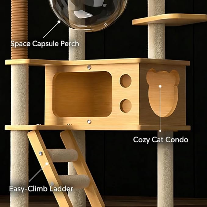 Cat Tree for Indoor Cats, 57" Large Modern Cat Tower with 2 Acrylic Space Capsule Perches, Wooden Cat Condo, Sisal Scratching Posts, Easy-Climb Ladder & Hanging Toys, Cat Activity Tree for Large Cats