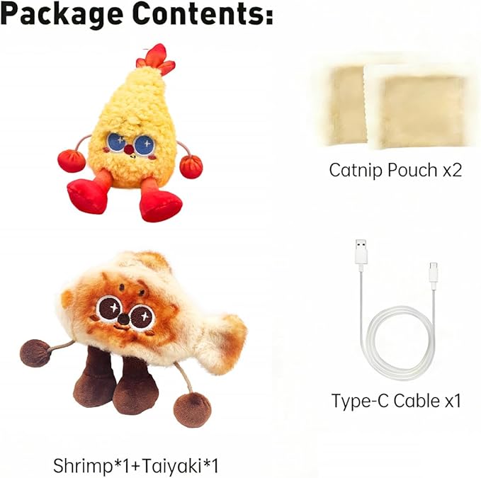 Petgravity Jumpy Shrimp Taiyaki Electric Cat Toy, 2 Pack, Tap-Activated 3 Moving Modes Interactive Cat Toys, Exercise Toy for Indoor Cats Kitten with Catnip, Rechargeable