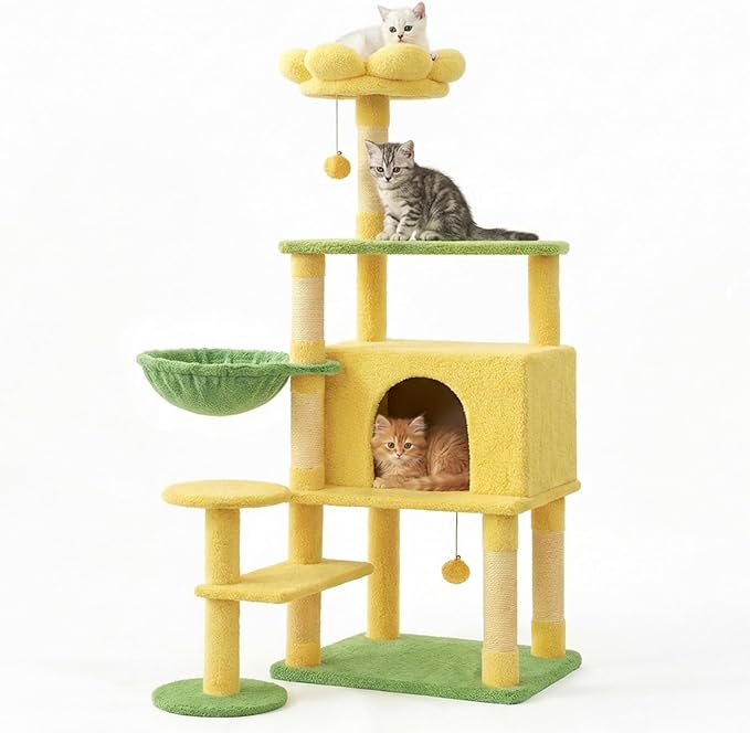 Flower Cat Tree 56 Inches，Large Cat Tower with Detachable Flower Cushions and Hiding Condo, Yellow Cat Tree with Hammock Bed, Interactive Toys and Scratching Posts for Indoor Cats