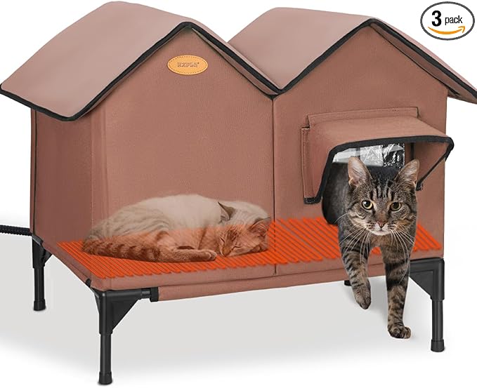 Heated Cat House for Outside in Winter Insulated Elevated Outdoor Cat House Weatherproof, Escape Door, Large Feral Cat Shelter Heated Bed for 2~3 Cats Stray Barn Kitty, Easy Assembly