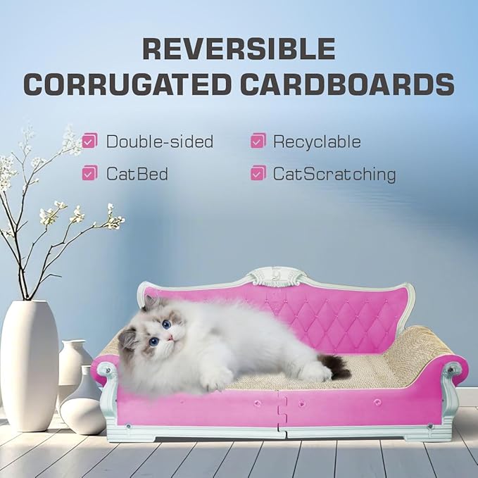 Extra Large Cat Scratcher Sofa Bed - 27.5" Durable Cat Couch & Scratching Board, Ergonomic Cardboard Lounge Furniture for Big Cats, Multi-Cat Households, Reversible Scratch Pad (Pink)