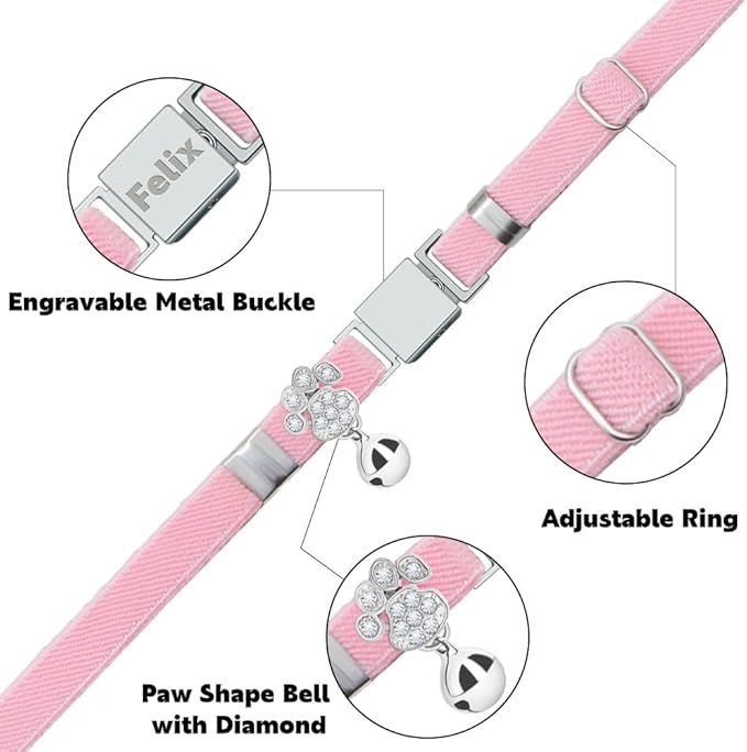 Personalized Safety Elastic Cat Collars with Bell,Laser Customized Stretch Kitten Collars for Girls Boys Cats-Pink