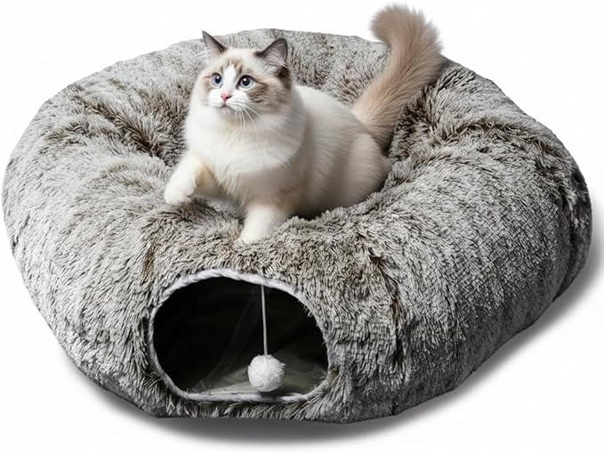 AUOON Cat Tunnel Bed for Indoor Cats - Large Cat Donut Tunnel with Hanging Ball Toy, Collapsible 2-in-1 Multifunctional Interactive Cat Toy for Kitten, Puppy, Rabbit, Ferret (Brown)