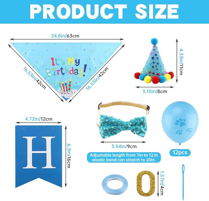 Cat Birthday Decorations Set - Cute Birthday Outfit with Hat, Bandana, Bow Tie, Balloons & Number Stickers for Kittens/Cats Party Photo Props & Festive Supplies