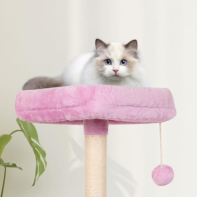 Pink Cute Cat Tree for Indoor Cat Tower with Scratching Post Modern Activity House Hammock Hanging Ball Condo with Board
