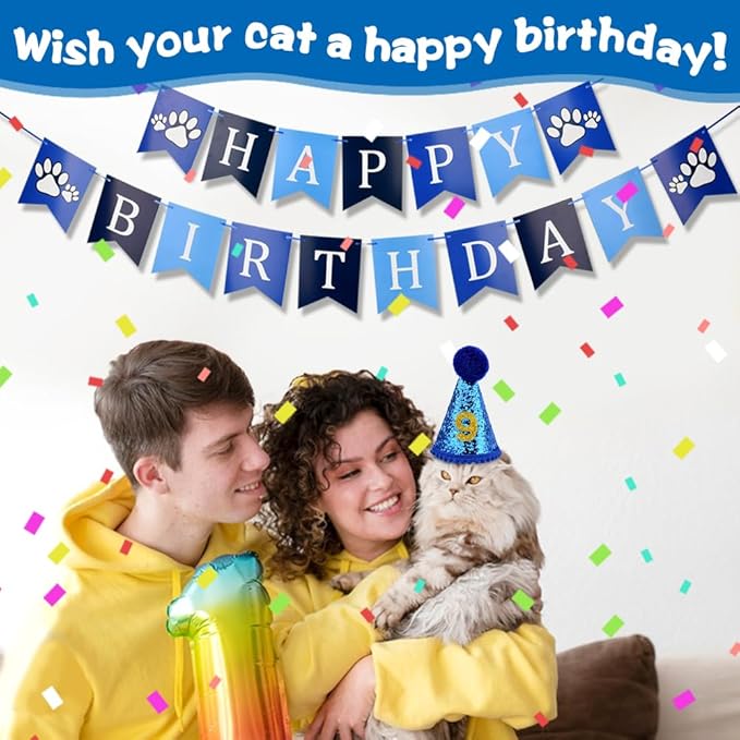 Cat Birthday Party Supplies, Adjustable Cat Birthday Hat with Numbers, Bandana, Bow Tie, Banner for Cat Kittens Decorations, Fun Pet Celebration Kit(Color:Blue)