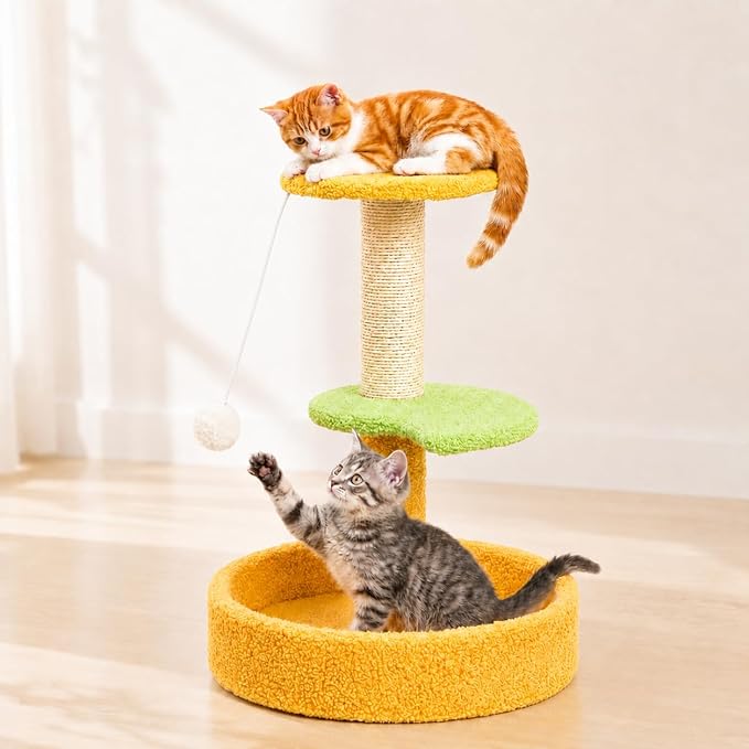 3-Level Small Cat Scratching Post with Cat Bed, 17.71" Cat Tree for Kittens, Sisal Scratcher with Hanging Ball, 15.74" Stable Base, Easy to Assemble for Indoor Cats Play, Furniture Protection