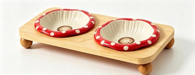 Ceramic Cat Bowl Set with Wooden Stand - Raised Elevated Food & Water Dishes to Prevent Black Chin, Slow Feed for Digestion, Non-Slip Stable Base for Dry & Wet Food