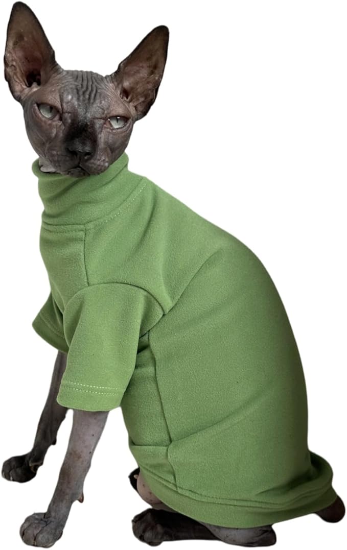 Sphynx Cats Solid Warm Fleece Shirt Cat Turtleneck Undershirt Thermal Hairless Cat Clothes for Sphynx, Devon, Cornish Cat Clothes and Small Kitten and Dogs (Green, Small)
