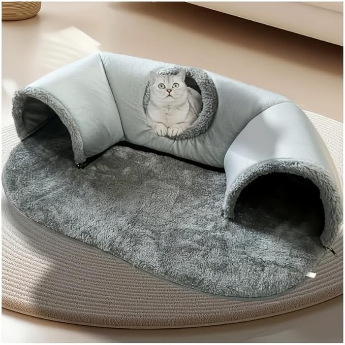 Cozy Pet Cave 3-in-1 Cat Tunnel Bed, Gray Plush with Fleece Lining, Anti-Slip Base, Multiple Entrances, Indoor Cat House, 33.46 x 25.59 Inch